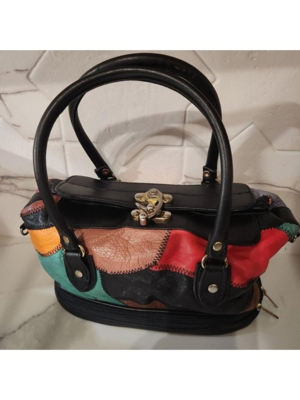 80sVintage colorblock‎ Patchwork Leather Handbag Multi Color Handle Lock Closure